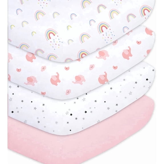 Little Grape Land Crib Sheets for Baby Girls Boys 4 Pack, 28"x 52" Extra Soft Microfiber Crib Sheet Set for Standard Crib & Toddler Mattress Pad, Rainbow & Elephant & Stars & Pink