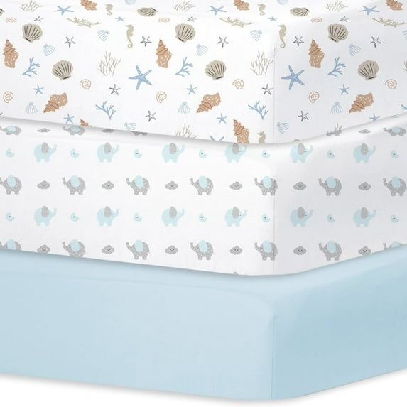 Little Grape Land Crib Sheets for Baby Boys 3 Pack, 28"x 52" Extra Soft Microfiber Crib Sheet Set for Standard Crib & Toddler Mattress Pad, Shells & Elephant & Celeste