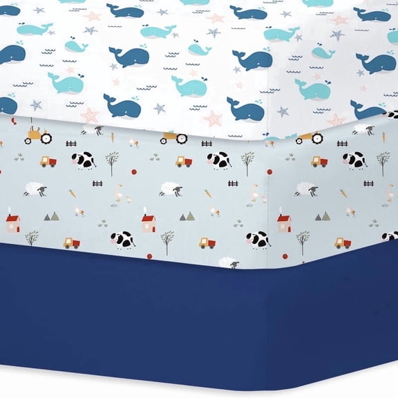 Little Grape Land Crib Sheets for Baby Boys Girls 3 Pack, 28"x 52" Extra Soft Microfiber Crib Sheet Set for Standard Crib & Toddler Mattress Pad, Whale & Rustic Ranch-Blue & Blue