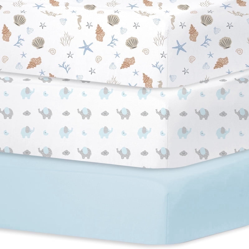 Little Grape Land Crib Sheets for Baby Boys 3 Pack, 28"x 52" Extra Soft Microfiber Crib Sheet Set for Standard Crib & Toddler Mattress Pad, Shells & Elephant & Celeste