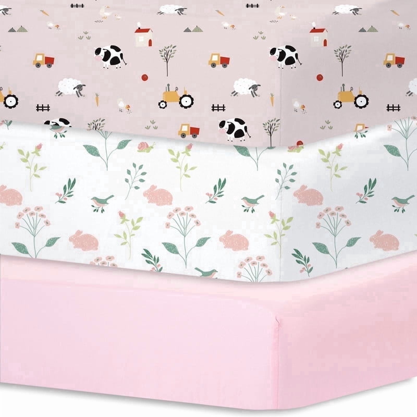 Little Grape Land Crib Sheets for Baby Girls Boys 3 Pack, 28"x 52" Extra Soft Microfiber Crib Sheet Set for Standard Crib & Toddler Mattress Pad, Rustic Ranch-Pink & Spring & Pink