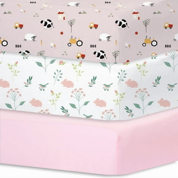 Little Grape Land Crib Sheets for Baby Girls Boys 3 Pack, 28"x 52" Extra Soft Microfiber Crib Sheet Set for Standard Crib & Toddler Mattress Pad, Rustic Ranch-Pink & Spring & Pink