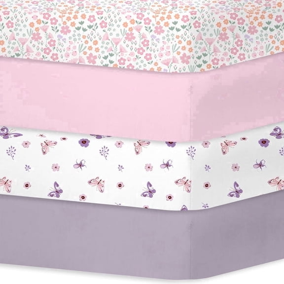 Little Grape Land Crib Sheets for Baby Girls 4 Pack, 28"x 52" Extra Soft Microfiber Crib Sheet Set for Standard Crib & Toddler Mattress Pad, Tiny Petals & Pink & Butterfly & greyish purple