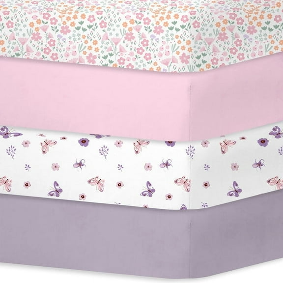 Little Grape Land Crib Sheets for Baby Girls 4 Pack, 28"x 52" Extra Soft Microfiber Crib Sheet Set for Standard Crib & Toddler Mattress Pad, Tiny Petals & Pink & Butterfly & greyish purple