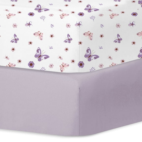 Little Grape Land Fitted Crib Sheets 2 Pack for Toddler Girls, 28"x 52" Extra Soft Microfiber Crib Sheet Set, Butterfly&Purple