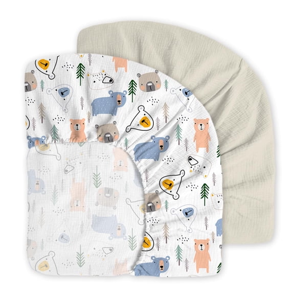 Little Grape Land Muslin Crib Sheets 2 Pack, 100% Cotton Fitted Baby Mattress Sheets for Boys & Girls, Soft Breathable Neutral Nursery Bedding, Standard Crib Size 52"x28", Bear