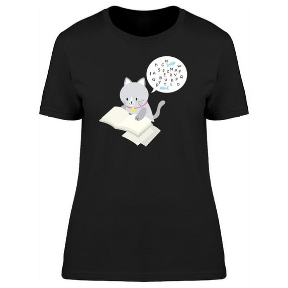 Little Gray Cat Reading A Book T-Shirt Women -Image by Shutterstock, Female Large