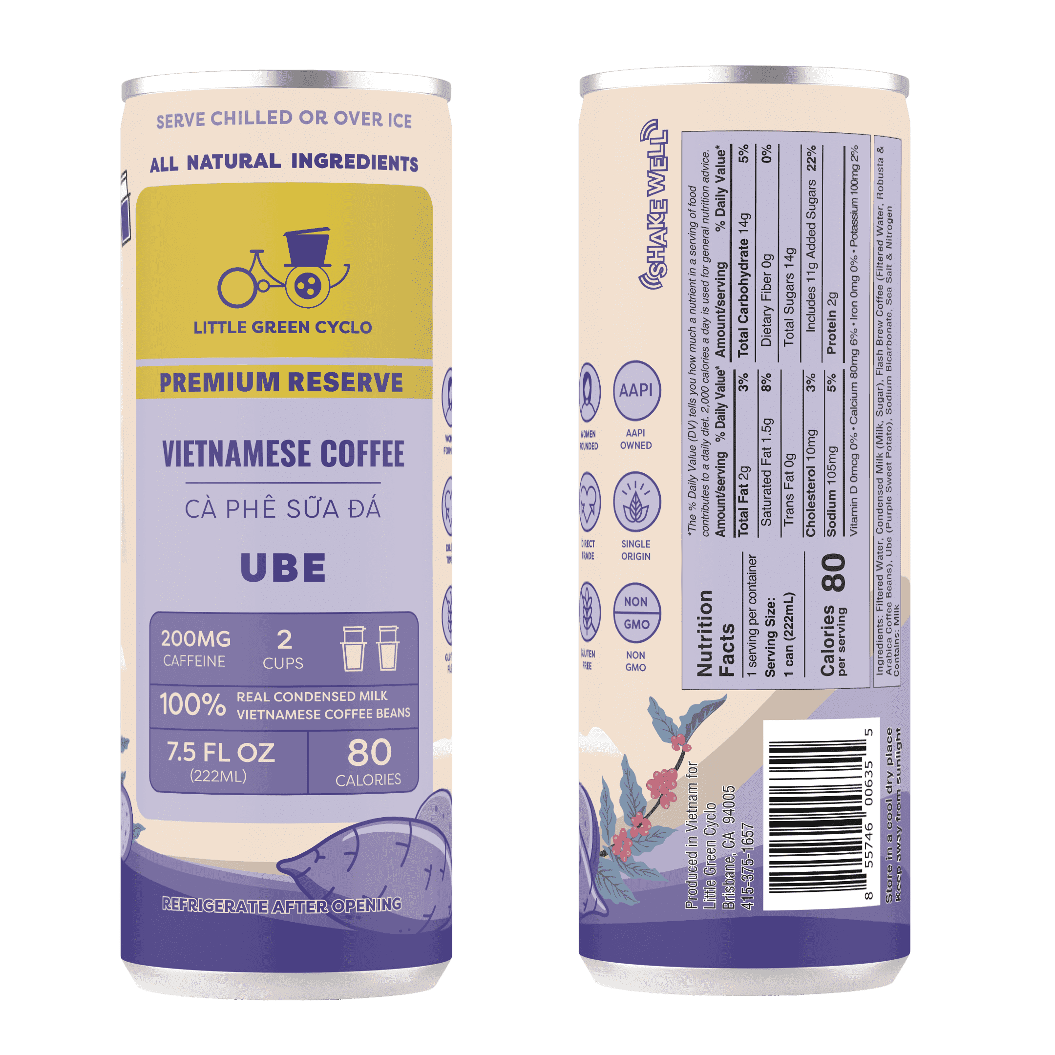 Little Green Cyclo Ready-to-Drink Vietnamese Coffee, 12 pack (12 cans per case), Vietnam Central Highlands, Single-Origin (12 cans, Ube)