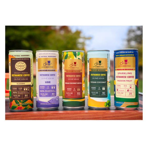 Little Green Cyclo Vietnamese Coffee, Complete Set (Classic, Ube, Coconut, Mocha, Sparkling Passion Fruit), 12 Pack, Ready-to-Drink, 7.5 oz cans