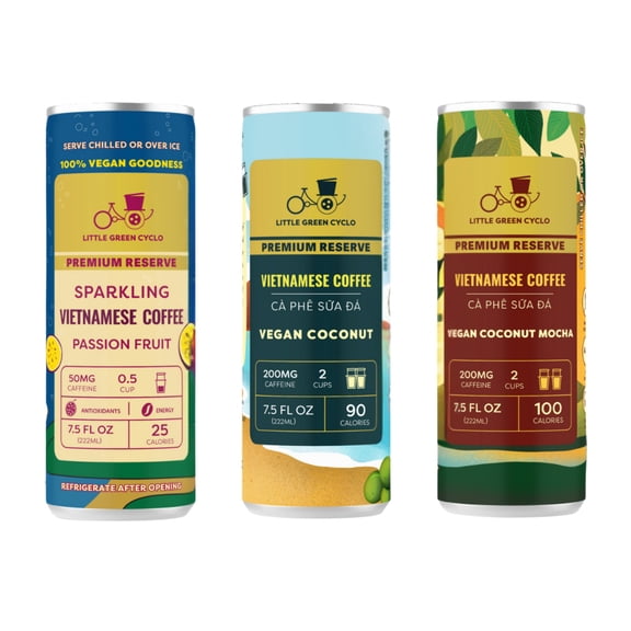 Little Green Cyclo Vietnamese Coffee Vegan Variety Pack (Coconut, Mocha, & Passion Fruit), Plant Based, Ready-to-Drink, 12 Cans, 7.5 oz Each