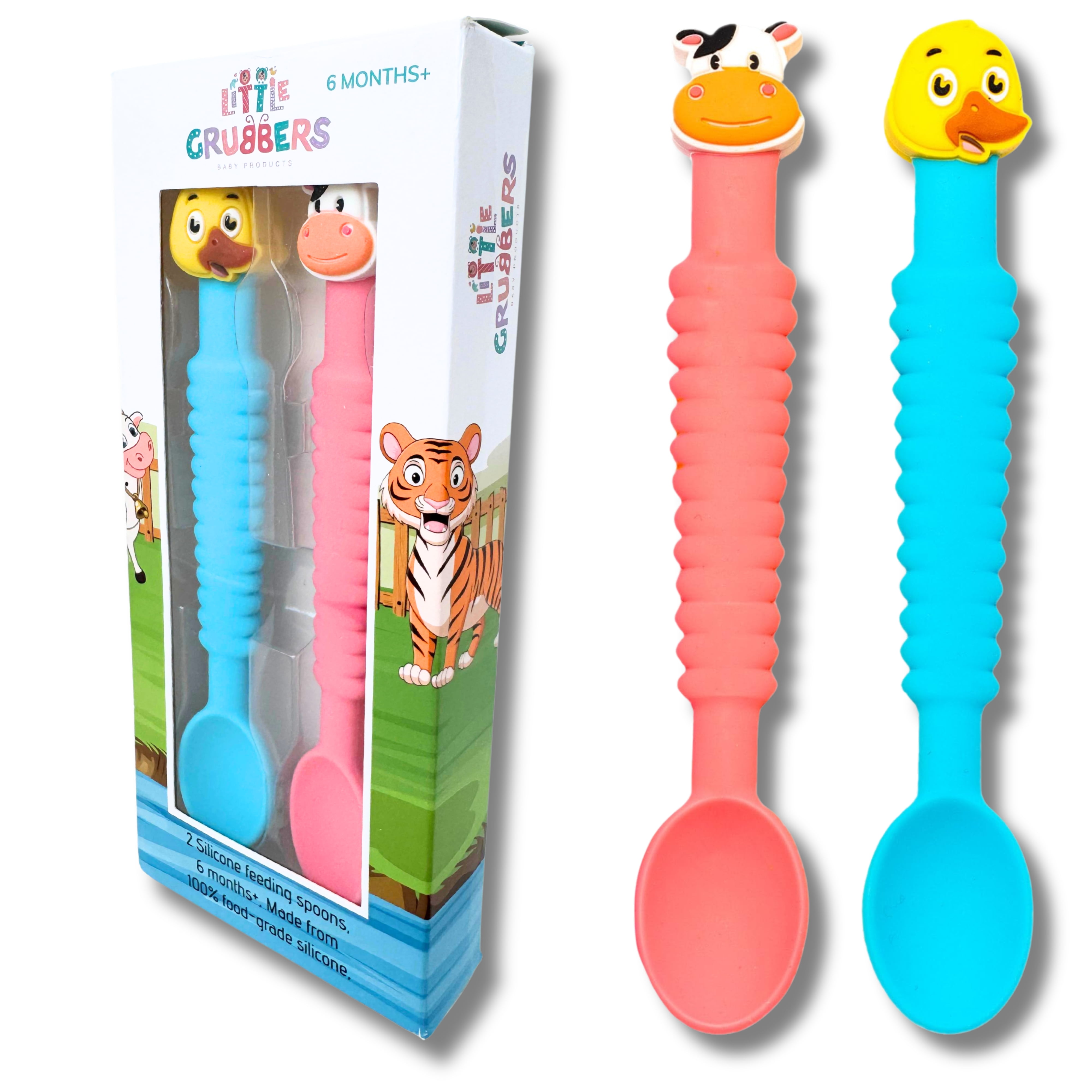 3-in-1 Silicone Baby Spoon Self Feeding 6+ Months - Pediatric OT Designed Teether Spoon, BPA Free Toddler Utensils, Mess-Free, Fun for Baby Led Weaning Supplies, Cow & Duck