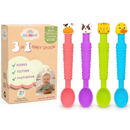 3-in-1 Silicone Baby Spoon Self Feeding 6+ Months - Pediatric OT Designed Teether Spoon, BPA Free Toddler Utensils, Mess-Free, Fun for Baby Led Weaning Supplies, Complete Set