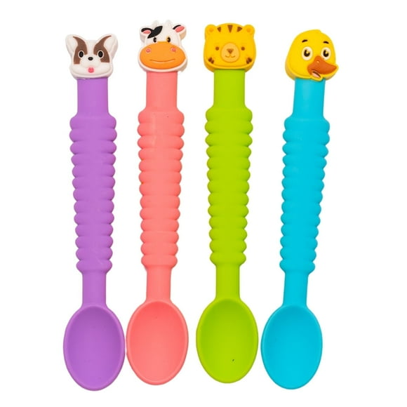 Little Grubbers 3-in-1 Silicone Baby Spoon, BPA-Free, Soft Grip for Self Feeding Infant 6m+, 4 Pack