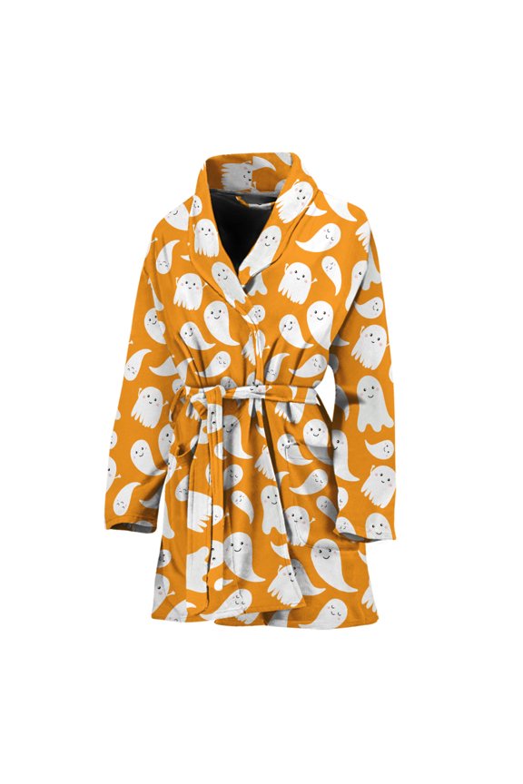 Little Halloween Ghost Pattern Women Bathrobe One Size Univeral Fits, Halloween Decorative Fashion Lightweight Plush Fleece Long Robe For Women