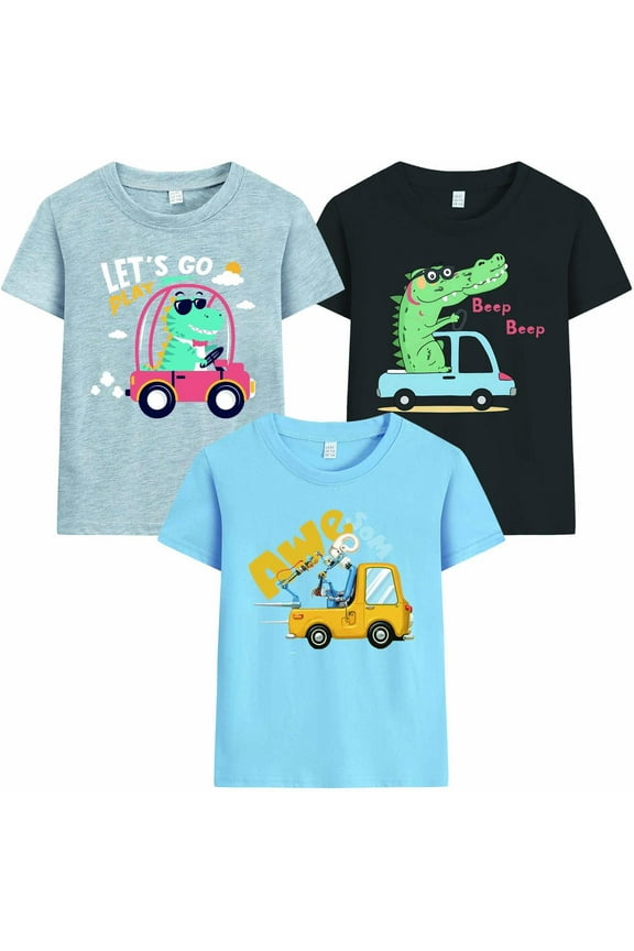 Boys T-shirts 3 Pack Summer Dinosaur Graphic Cotton Shirts Kids Tops 7T