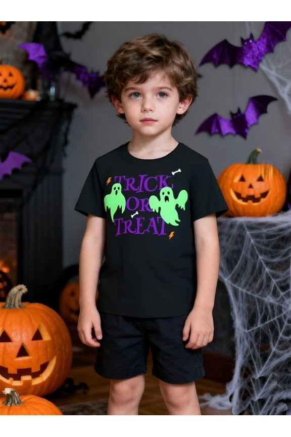Boys Toddler Halloween Skeleton Shirt Short Sleeve T-Shirt Boo Pumpkin Tee Top Children Grils Clothes Size 2-7T