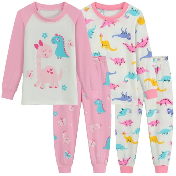 FEDPOP Girl Dinosaur Pajama Set 4-Piece 100% Cotton Pjs Sleepwear Sets 6T