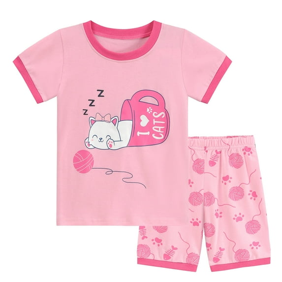 Little Hand Toddler Girl Pajamas Set Cat Summer Kids Pjs Cotton Sleepwear 6T