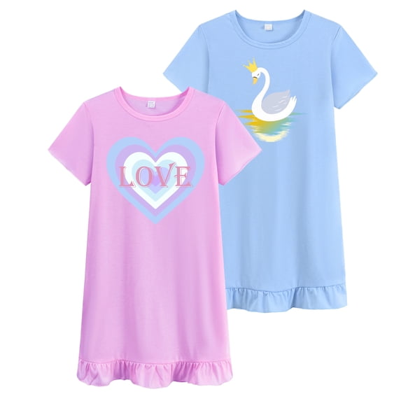 Little Hand Toddler Nightgowns For Girls Summer 2Pcs Girls Nightgowns Swan Blue 7T