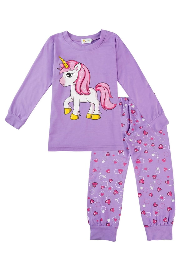 Girls Pajamas Sets Purple Unicorn 100% Cotton Long Sleeve Sleepwear Size 7T