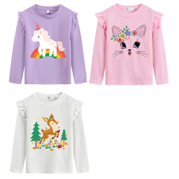 Little Hand Girls Tops Cotton 3 Packs Sets Rainbow Cat Pine Trees Graphic Long Sleeve Pink White 3T