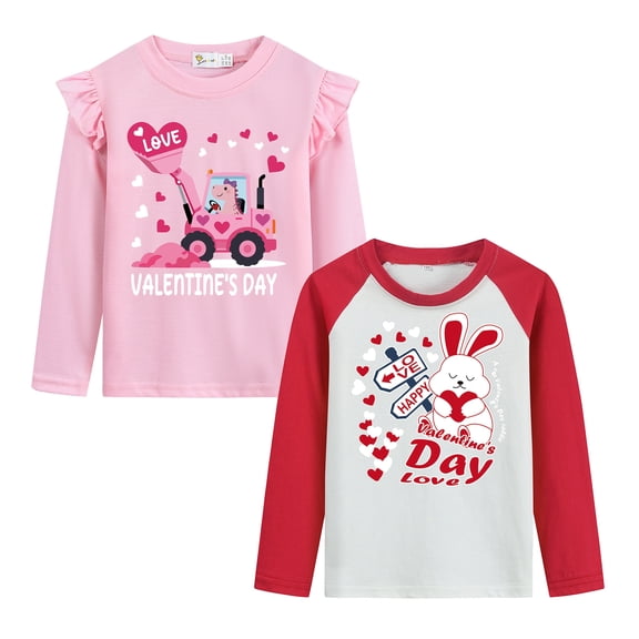 Little Hand Little Girl Valentine Shirts Cotton Size 5 Ruffled Shoulder Sleeves 2Pcs