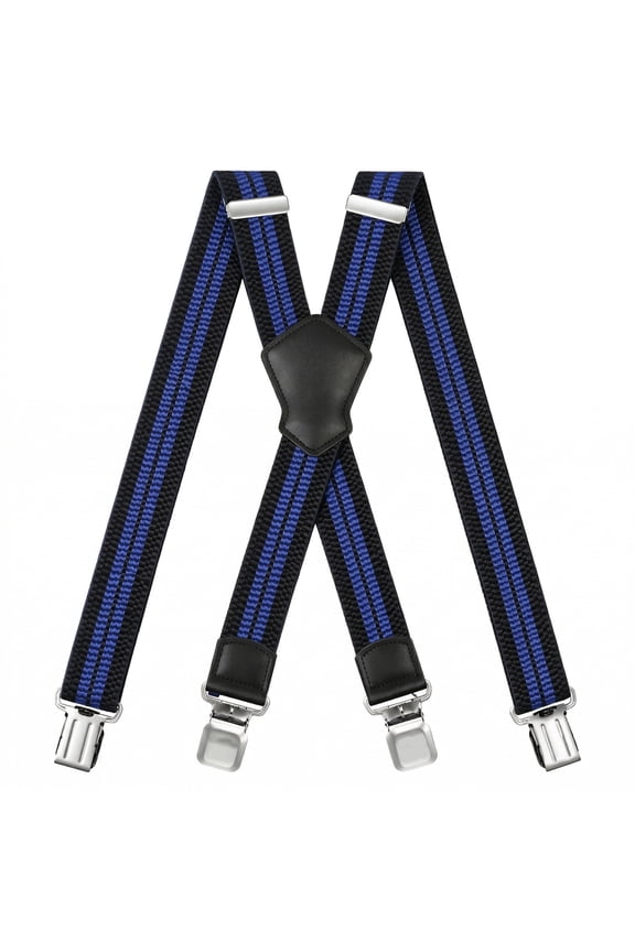 Men's Heavy Duty X-Back Suspenders with Metal Clips Black & Blue Strips