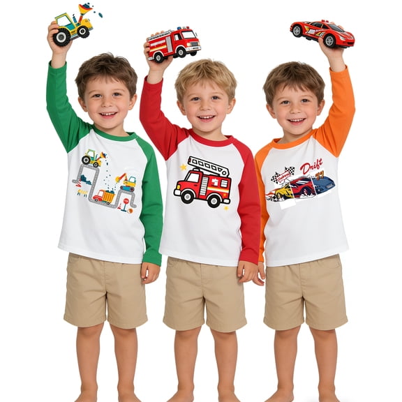 Little Hand Toddler Boy Tee Raglan Long Sleeve Crewneck T Shirt Orange Red Green Cartton Car Winter Shirt 3 Pack Set Size 7
