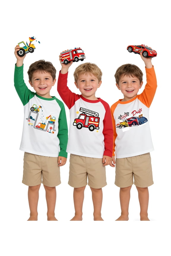 Toddler Boy Tee Raglan Long Sleeve Crewneck T Shirt Orange Red Green Cartton Car Winter Shirt 3 Pack Set Size 7