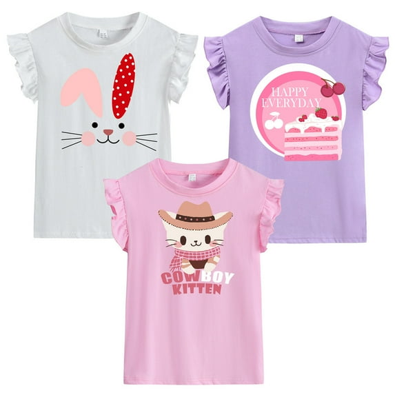 Little Hand kitten Graphic Toddler Girl T shirt for Girls Flying Sleeve Summer Cotton Rabbit 3Pcs Size 6T