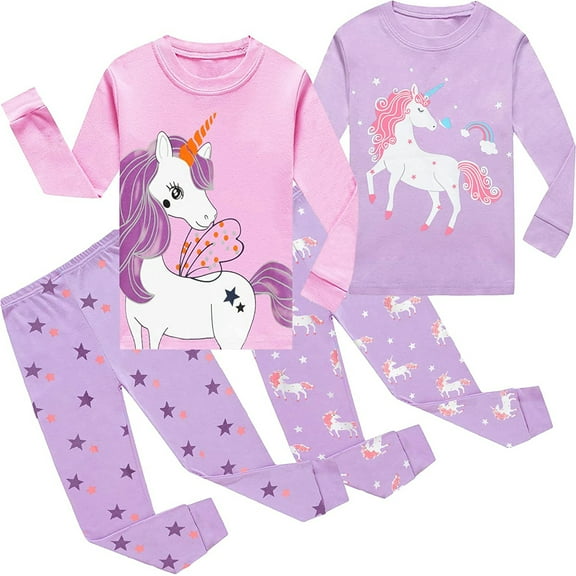 FEDPOP Toddler Girl Unicorn Pajamas Sets Cotton Sleepwear 4pcs Kids Pjs 5T