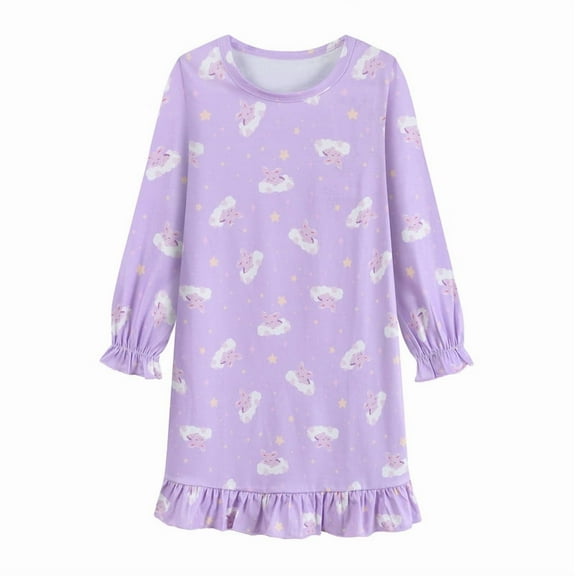 Little Hand Toddler Nightgown Girls Nightie Dress Crewneck Long Sleeve Rabbit CuteDresses For Toddler Clothes 5-6years