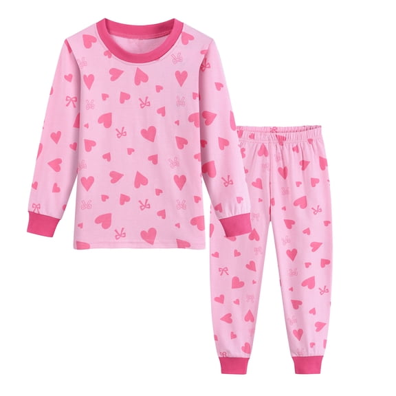 Little Hand Valentines Day Pajama Set for Girls Heart Graphic Long Sleeve Cotton Sleepwear Sets 4T