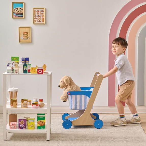Teamson Kids Little Helper Kids Wooden Shopping Cart with 13 Pretend Groceries, Soft Rotating Wheels, Durable Toddler Toy for Ages 3 and Up, Blue
