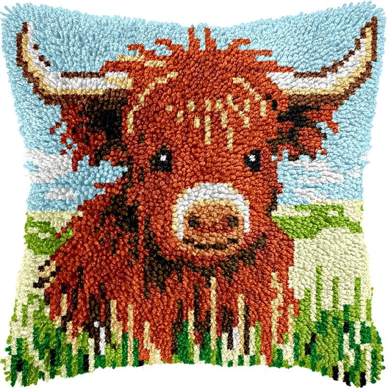 Little Highland Cow Baby Latch Hook Pillow Kits Cushion Pillowcase with Pattern Printed Canvas Sofa Hooking Pillows Crafts Embroidery Latch Hooking Crochet Kits 17x17 inch(161)