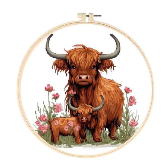 Little Highland Cow Easy Cross Stitch Kits for Starter Kits DIY 11CT Pre-printed Stamped Patterns Embroidery Cross Stitching Needlework Kit Set Supplies with Hoop 35x35cm (a19)