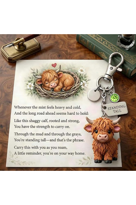 A Little Highland Cow For You Keychain - 3D Emotional Support Highland Cow Keychain Resin Charm, Personalized Birthstone Keychain Highland Cow Gifts for Friends