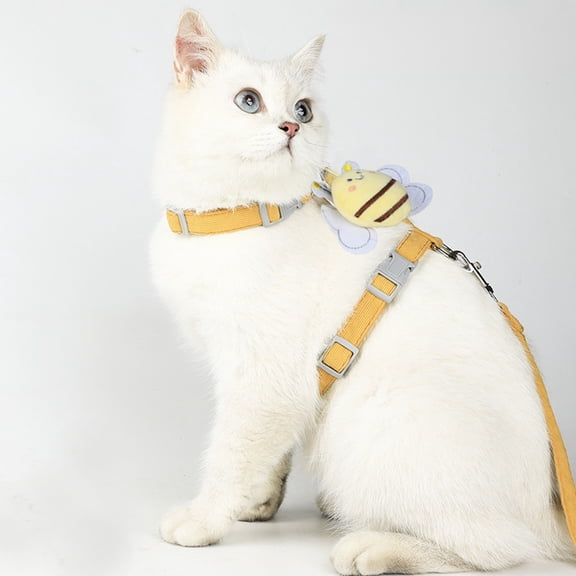 Little Honeybee Cat Harness & Leash Set | Escape-Proof I-Style Adjustable Chest Strap | Soft Lightweight Polyester, Yellow, S/M | Breathable Outdoor Walking Rope for Cats, Secure Fit, Cute Design