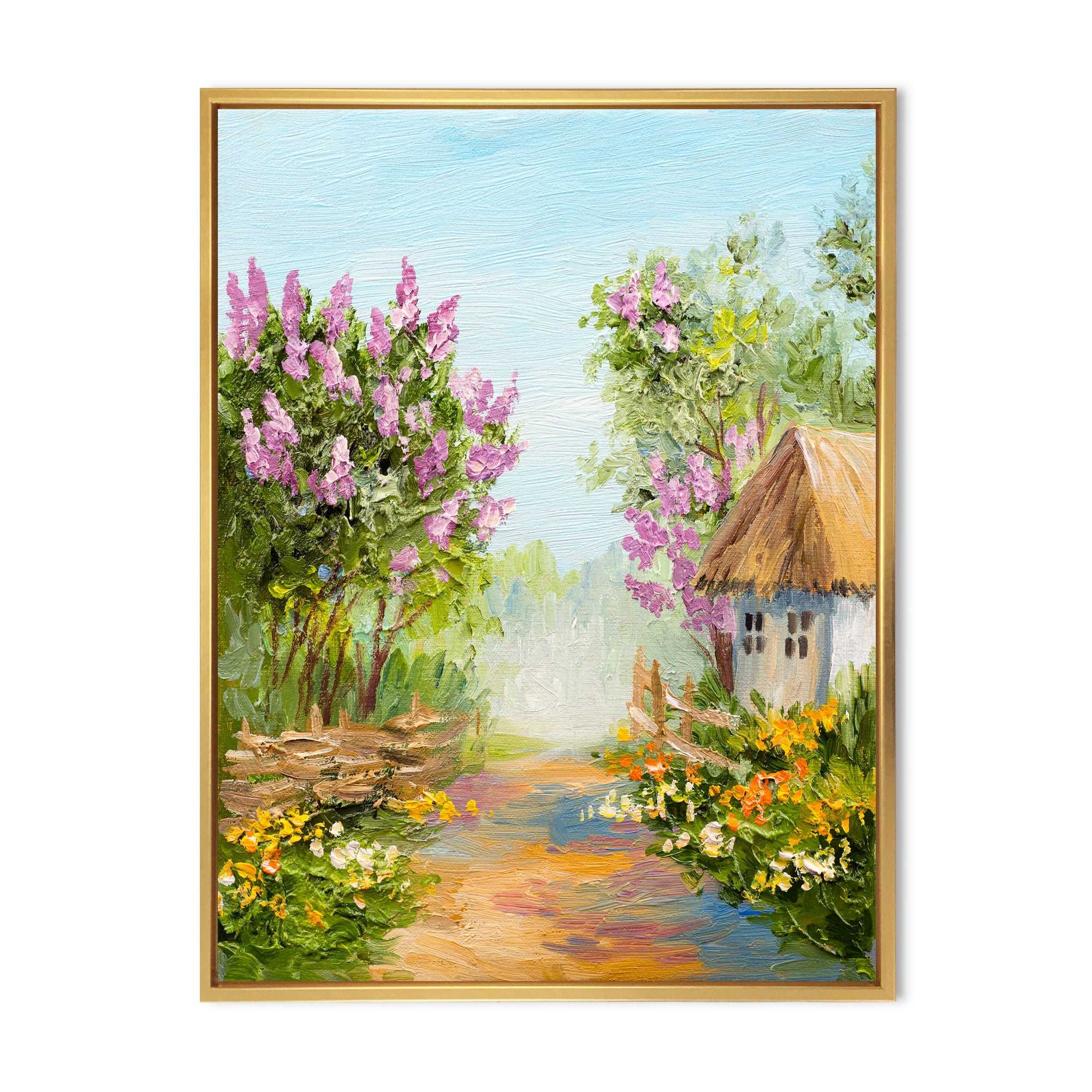 Little House In The Blossoming Flowers Forest 24 in x 32 in Framed Painting Canvas Art Print, by Designart