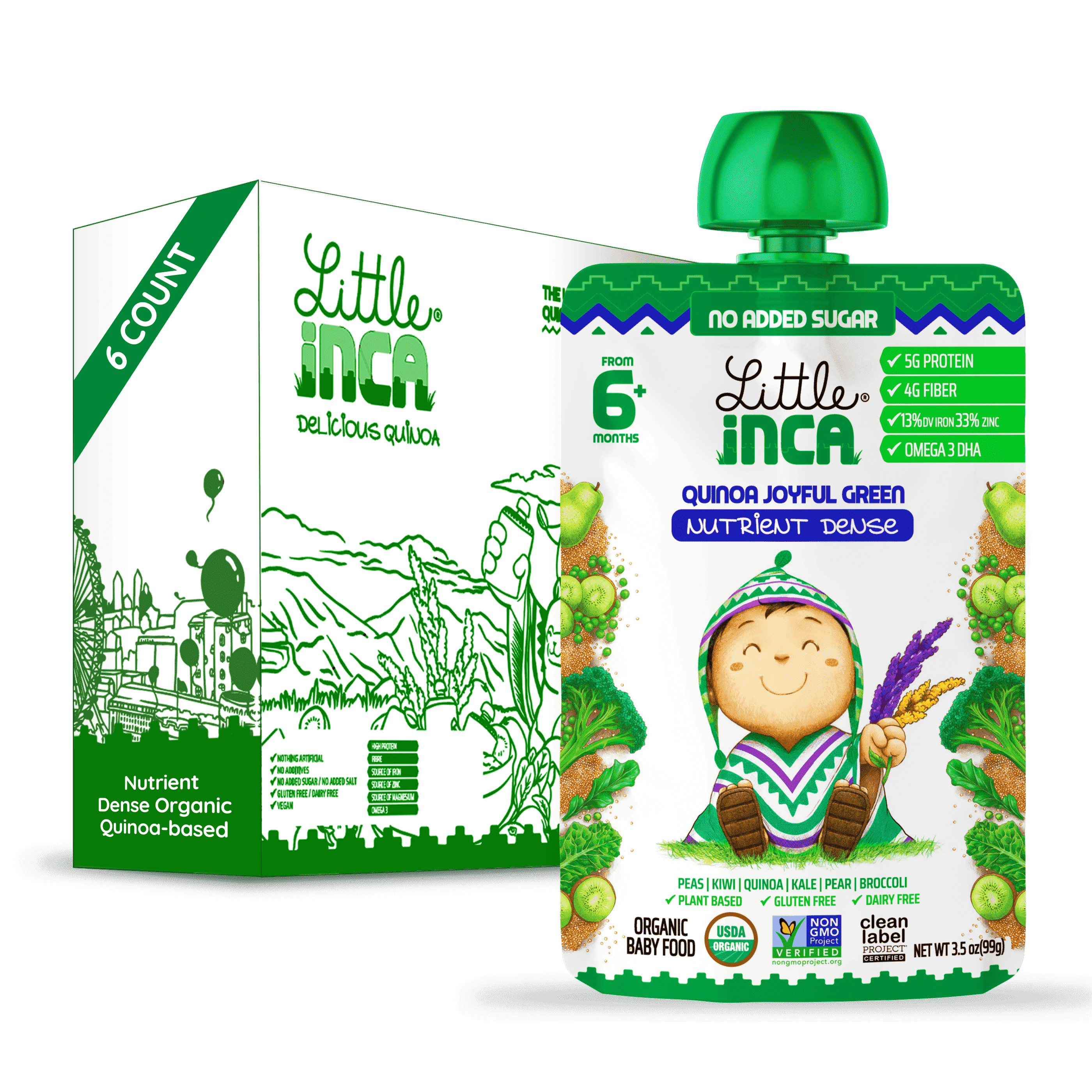 Little Inca Stage 2 Baby Food Pouches, Quinoa Joyful Green Baby Puree, Plant Based High Protein, Dairy-Free, 6 x 3.5oz