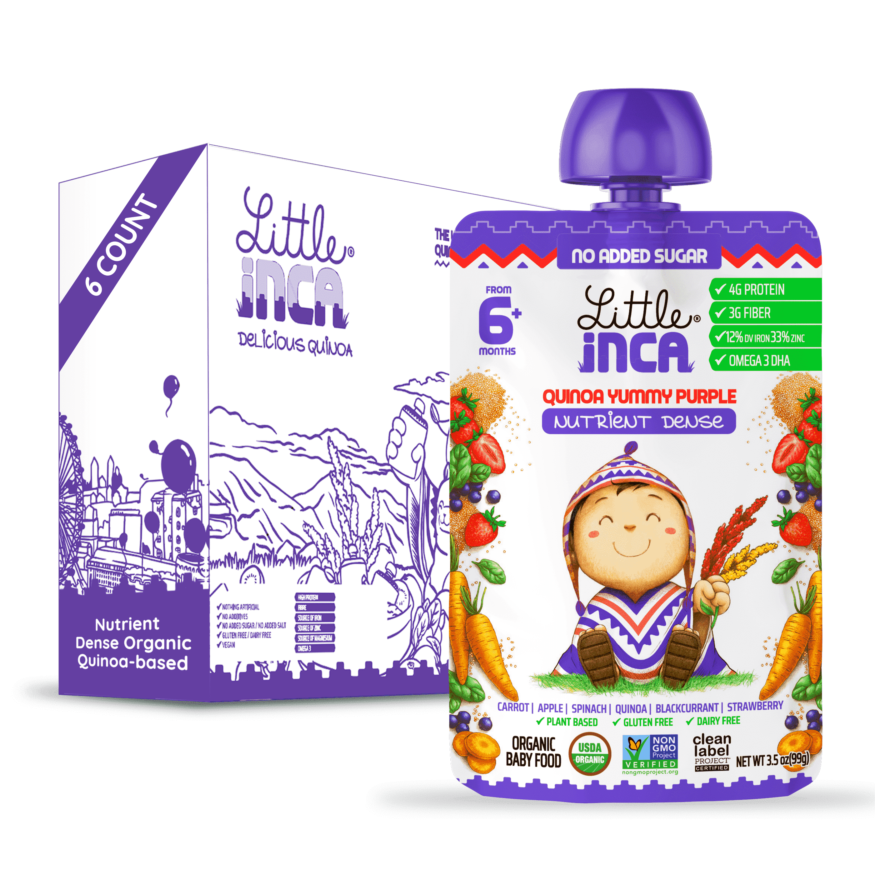 Little Inca Stage 2 Baby Food Pouches, Quinoa Yummy Purple Baby Puree, Plant Based High Protein, Dairy-Free, 6 x 3.5oz