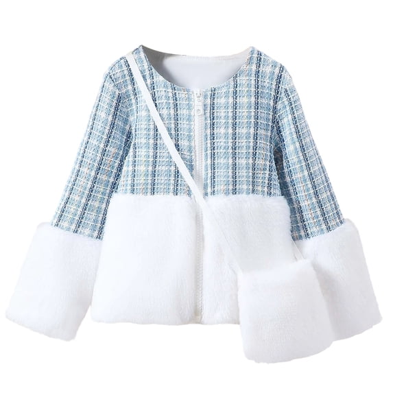 Little Jackets For Kids Girls Crew Neck Plaid Patchwork Fleece With Bag Windproof Coat Outwear Clothes Size 5-6T