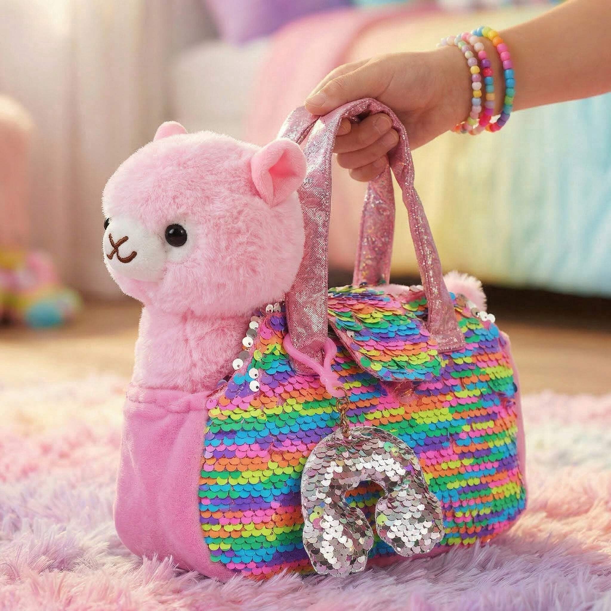 pinky plus11袋 Little Jupiter Pet Plush Set with Bag - Pink Llama with Rainbow