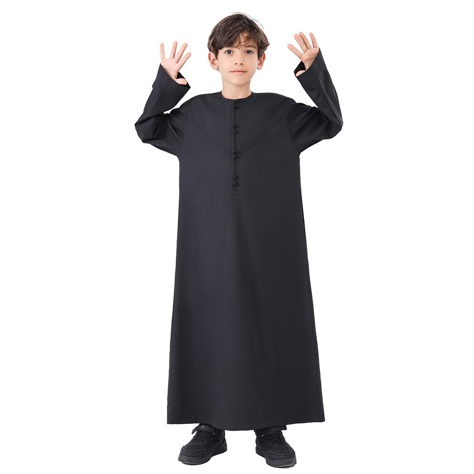 Little Kid Arabic Thobe Thobe Long Sleeve Kaftan Crew Robe National Teenage Boys Long Sleeve Embroidered Robe Set Arab Children's Wear Kid Plain Shirts Boys Frame Tee Boy Guava 4-5 Years Black