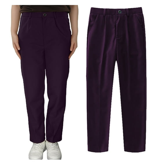 Little Kid Boys' School Uniform High Waisted Bootcut Pants, Elastic Waistband with Button Closure, Twill Material Purple 4-5 Years