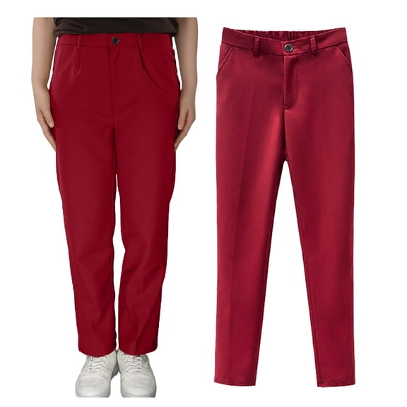 Little Kid Boys' School Uniform High Waisted Bootcut Pants, Elastic Waistband with Button Closure, Twill Material Red 2-3 Years