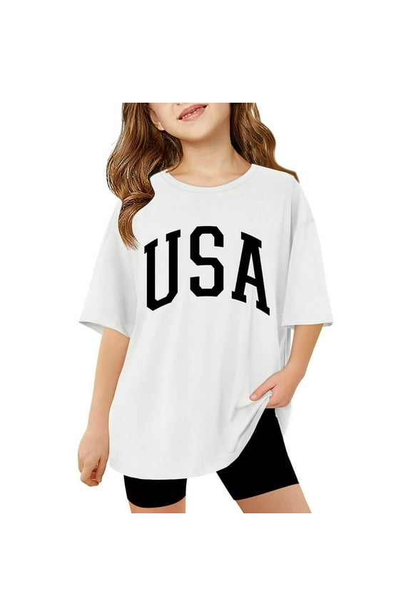 Little Kid Children Kids Girls Letter Printed Short Sleeve T Shirts Kids Oversized Tops Casual Crewneck Basic Tees Girl Workout Too Toddler Undershirt Girls Long Sleeved Shirts 7-8 Years White