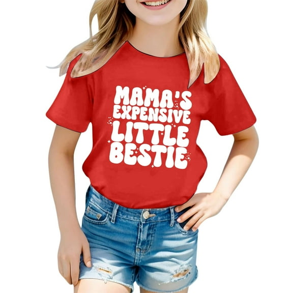 Little Kid Children's Casual Letter Pattern Print Multicolor Round Neck Short Sleeves Blouse Designs Latest for Girls Drafter Shirt Big Sister Long Sleeve Shirt Toddler Sports 3-4 Years Red