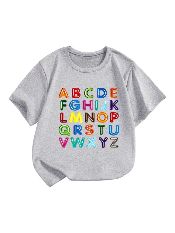 Little Kid Children's Casual Short Sleeved T Shirt Cartoon Print Crewneck Comfortable Tennis Tops Girls Non Sweat Undershirt Cute Crop Top Shirts for Girls Top for Little 7 7-8 Years Gray