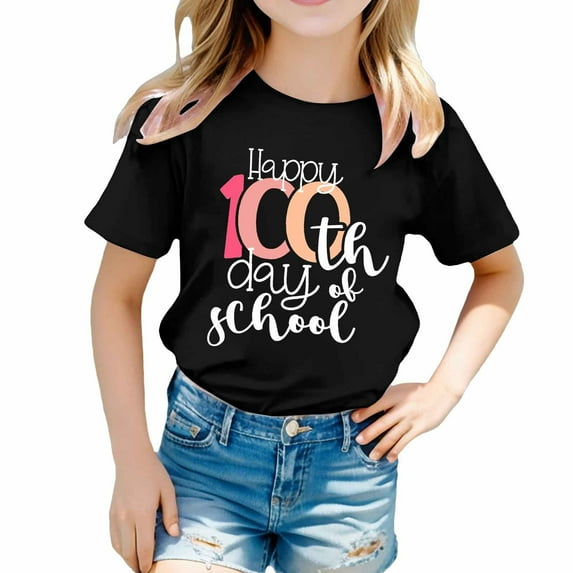 Little Kid Children's Printed Round Neck Short Sleeved T Shirt For Boys And Girls Teen Girls Camisole Tops for Teen Summer Little Turtleneck Tops Sleeve T Western Top Baby Girl 3-4 Years Black